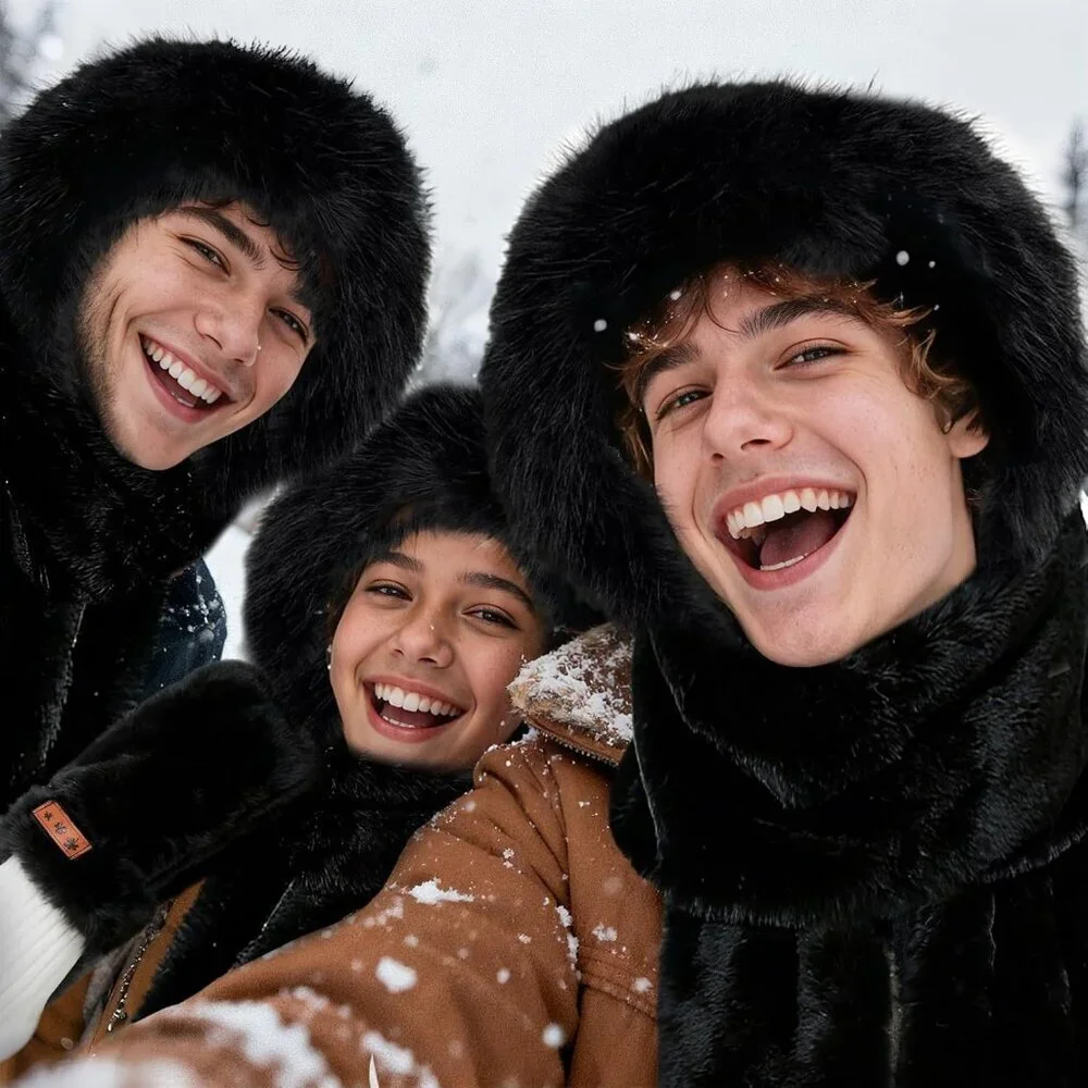 Women Hooded Scarf Gloves Set Faux Fur Warm Winter Accessory